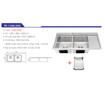 CHẬU RỬA CHÉN INOX SUS 304 KHÔNG SƠN CAO CẤP PR-11048(304)
