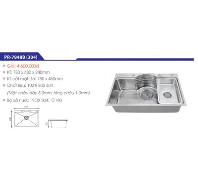 CHẬU RỬA CHÉN INOX SUS 304 CAO CẤP PR-7546(304)